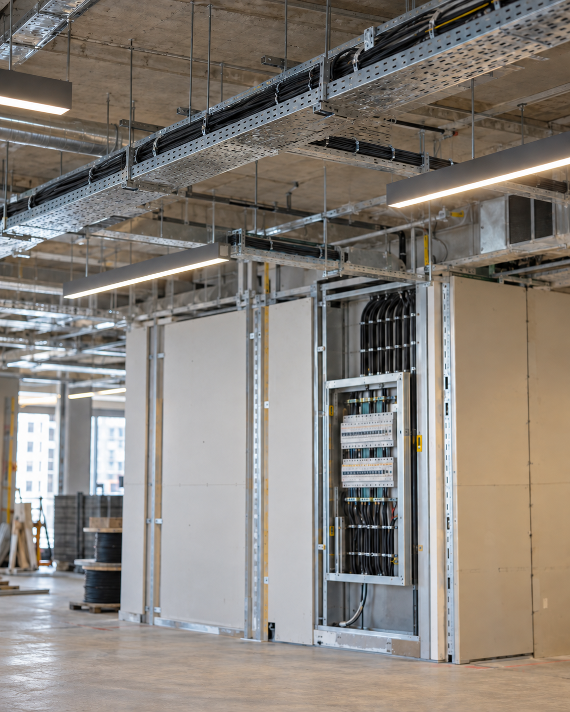 Commercial unit fit-out with cable-tray containment, distribution board and linear LED lighting