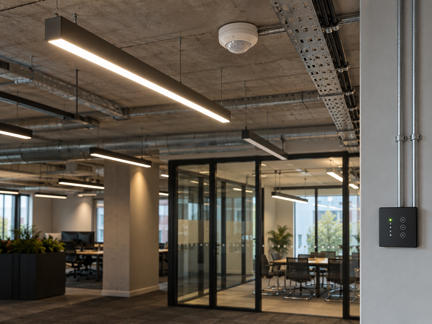 Energy-efficient LED lighting with occupancy sensors and lighting controls in a commercial office
