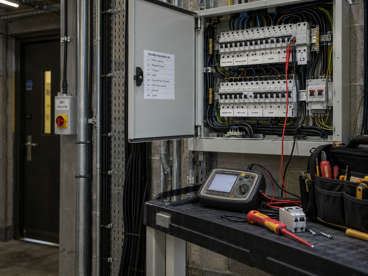 Open commercial distribution board with a test instrument and tools during maintenance