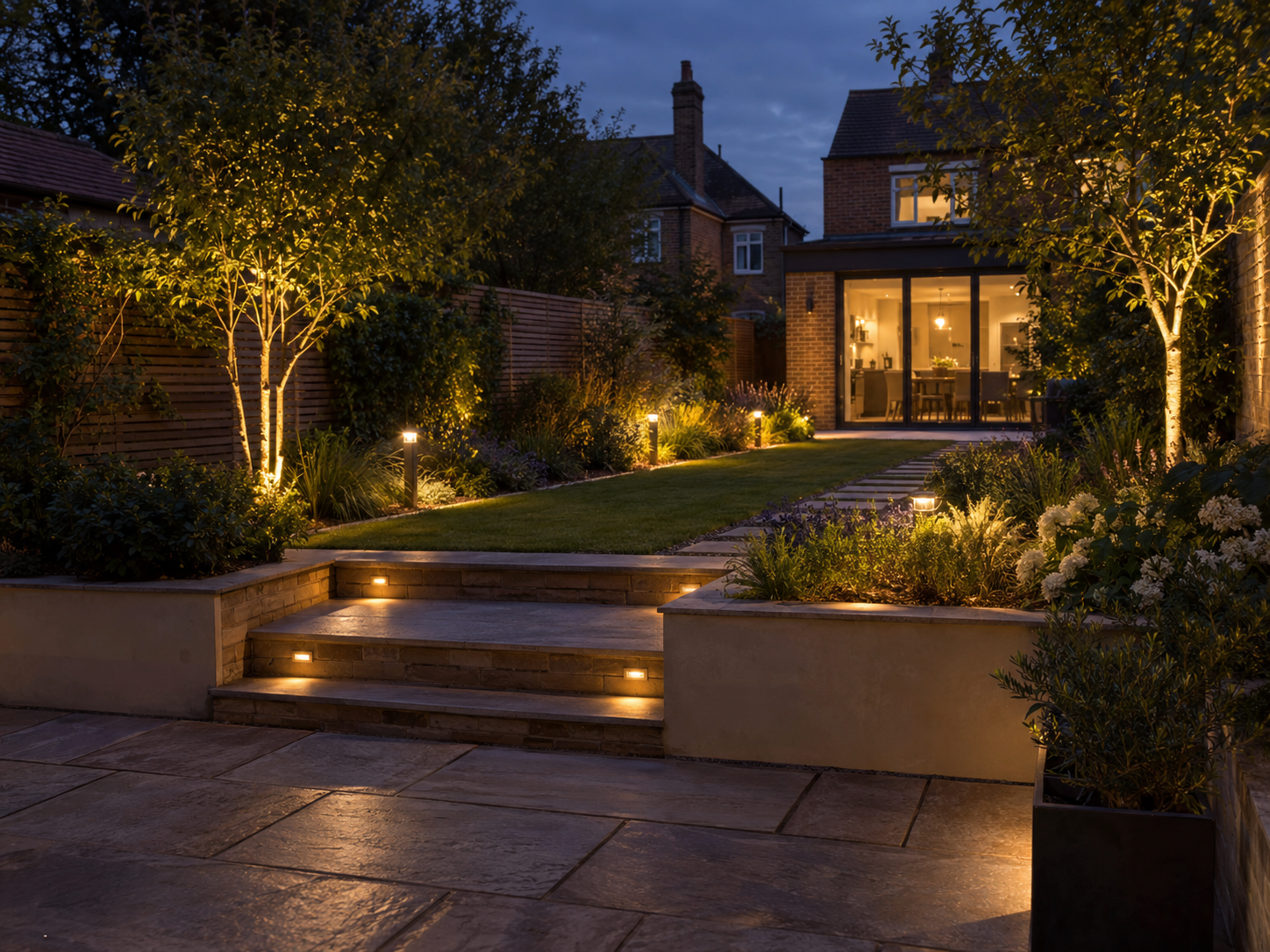 Landscaped garden at dusk with path lights, step lights and uplit trees
