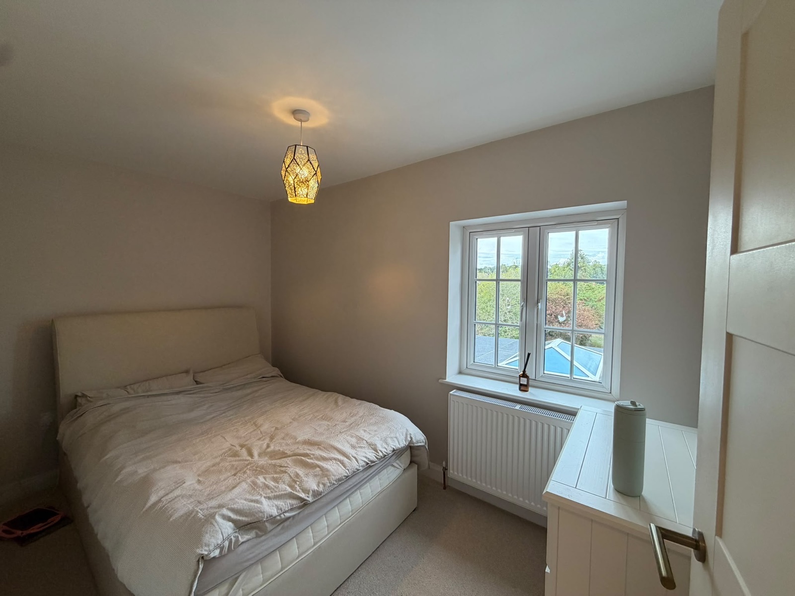 Bedroom with pendant lighting and a large window